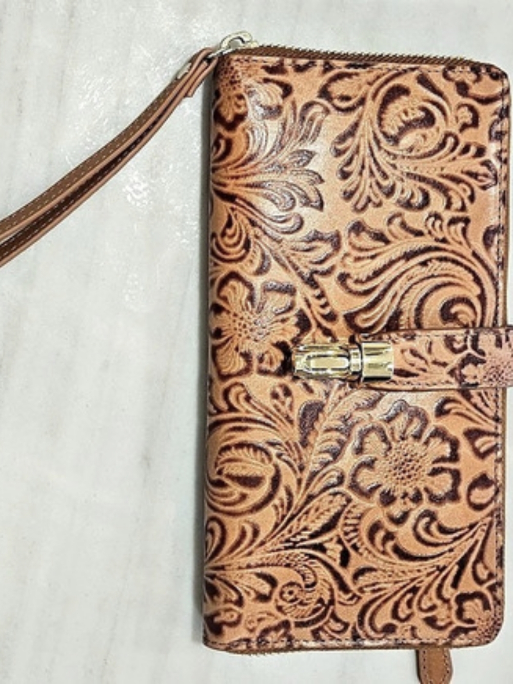 Floral Leather Wristlet Wallet in Brown Like New